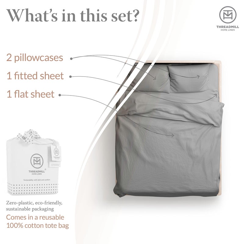 Threadmill Cotton Full Size Sheet Set| 100% Cotton Sheets for Full Size Bed | Solid Sateen Full Bed Sheets Set with 16â€ Elasticized Deep Pocket | Soft Breathable 4-Piece Cooling Sheet Set | Dark Grey - Image 3